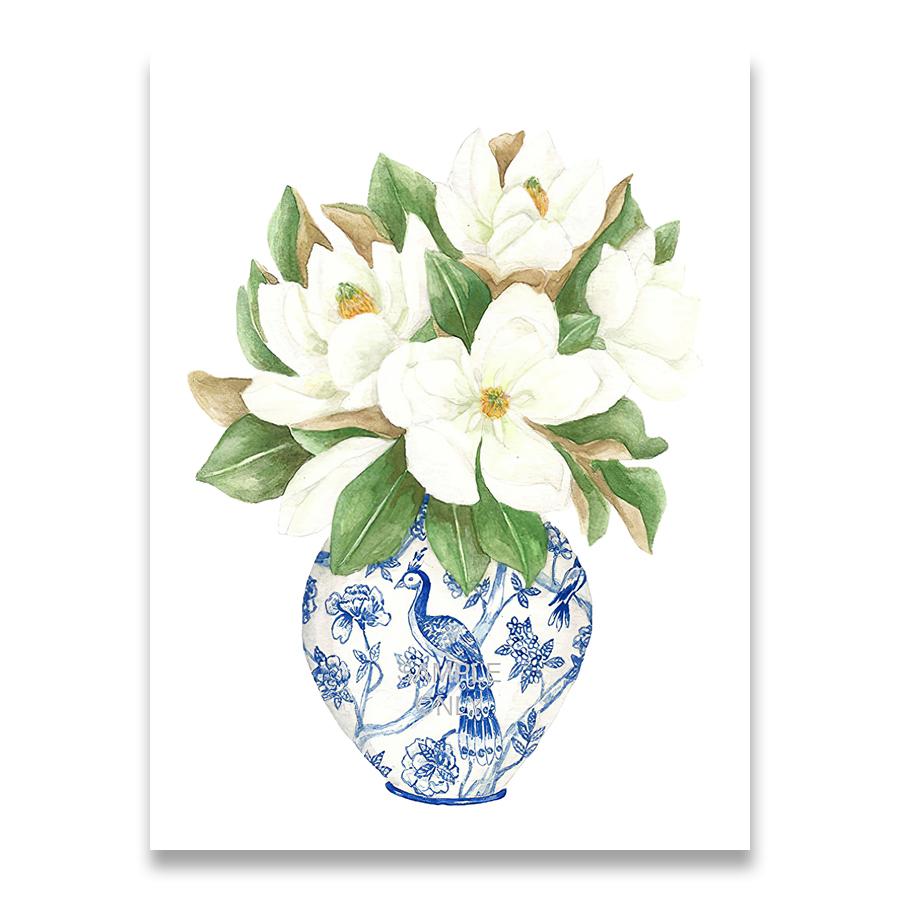 Stampe di Ortensia Magnolia Cinese Blu e Bianca Arte Chinoiserie Pittura su Tela Arte da Parete da Galleria Immagine Poster Decorazione Murale di Tendenza