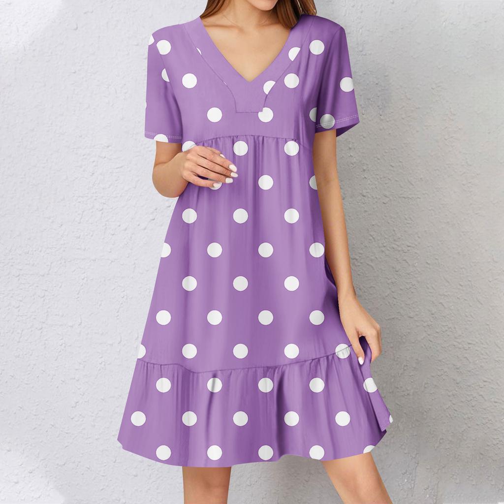 Womens Summer Dress Short Sleeve V Neck Short Dresses Fashion Casual Flowy Boho Ruffle A Line Swing Sundress
