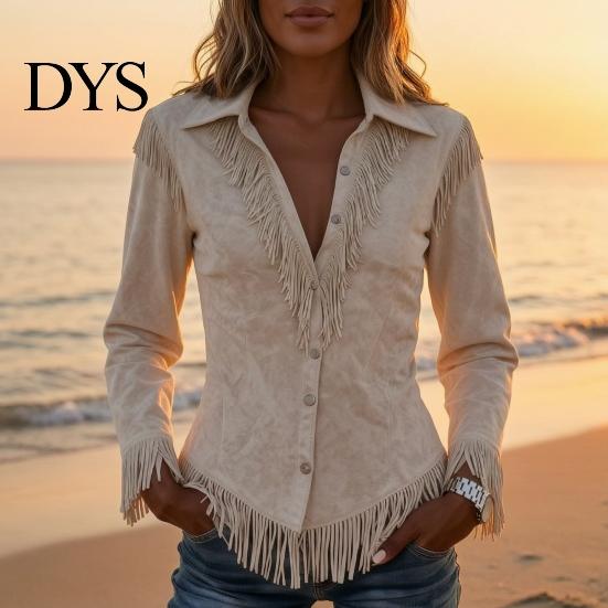 Western Cowgirl Shirt Women Tassel for Autumn, Button Down Slim Fit Fringe Blouse, Solid Color Casual Long Sleeve Top, Outfit Breathable Polyester