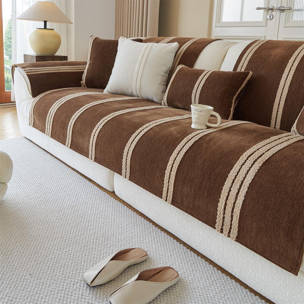 Uproszczony Paski Polar Dekor Chenille Pokrowiec na Sofę Antypoślizgowy Pokrowiec na Poduszkę Kanapową do Salonu Ręcznik na Sofę na Cztery Sezony