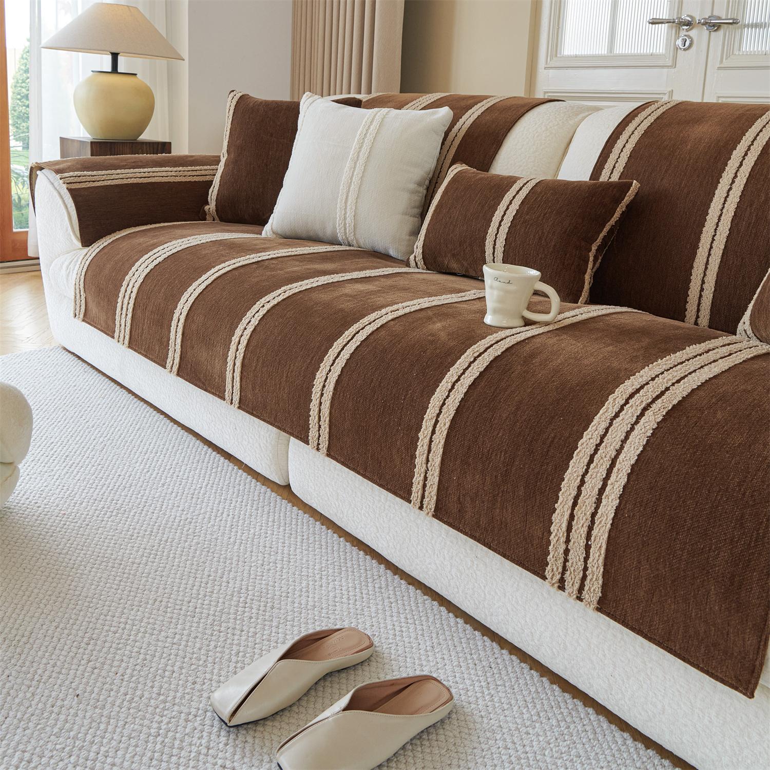 

Упрощенный полосатый флисовый декоративный чехол для дивана из шенилла, противоскользящий чехол для диванной подушки для гостиной, полотенце для дивана на четыре сезона 70*210cm