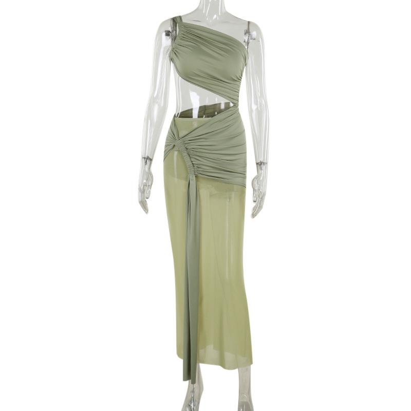 European and American summer sexy temperament single shoulder suspender slim pleated mesh dress for women