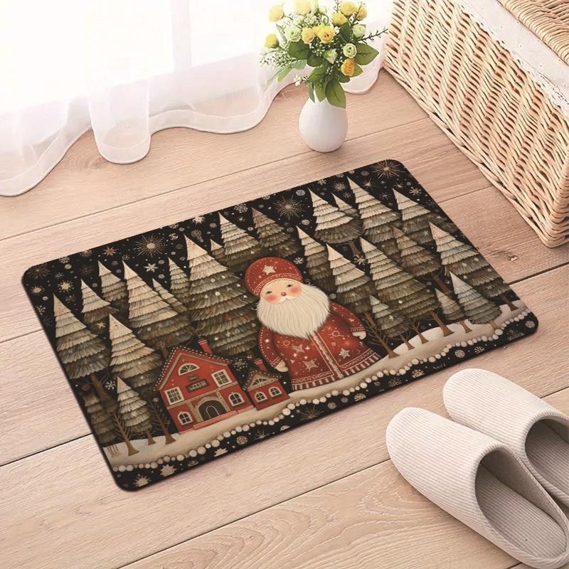 Christmas Traditional Fairy Tale Santa Claus Snowman Tree House Festive Decorative Carpet Rug For Home Decor Holiday Decoration