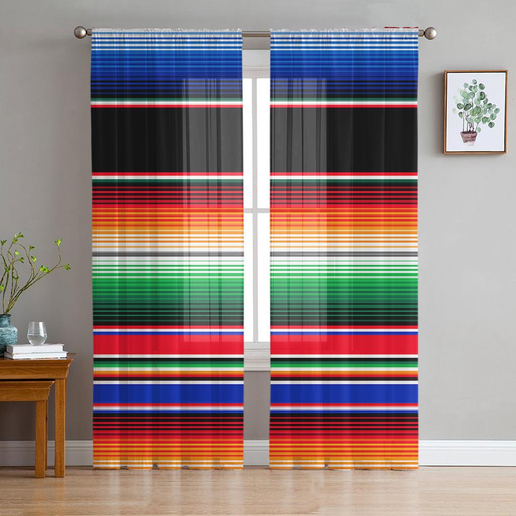 Colorful Mexican Stripes Sheer Curtains for Living Room Decoration Window Curtains for Kitchen Tulle Voile Organza Curtains