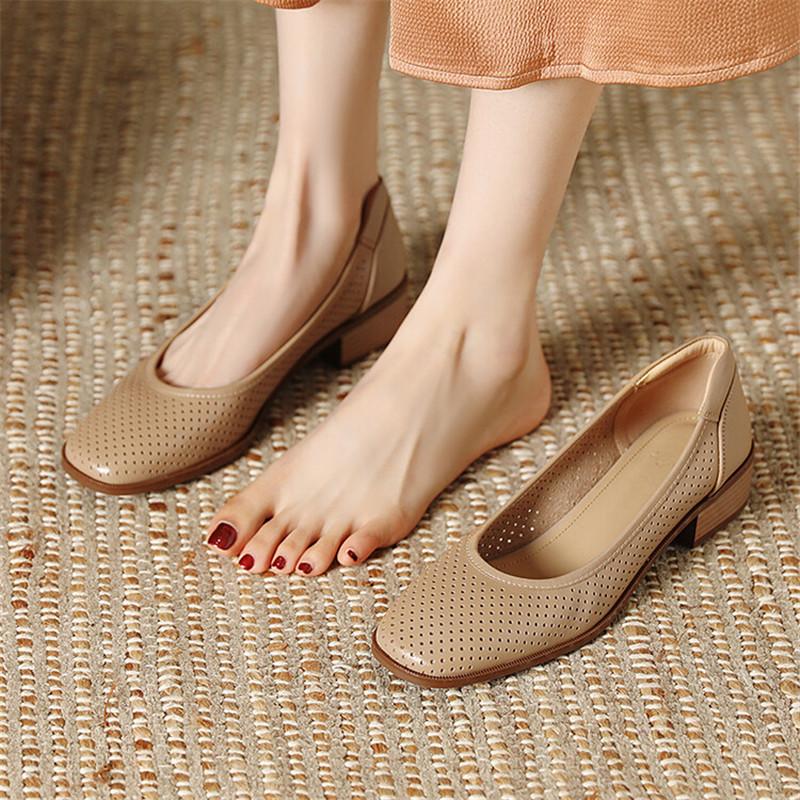 Fashion 2025 New Fashion Hollow Out Women Pumps Square Toe Summer Shoes Chunky Heels Genuine Leather Shoes for Women Handmade Loafers