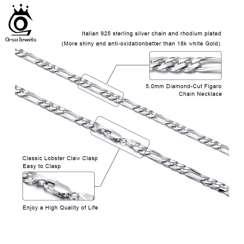 ORSA JEWELS Italian 925 Sterling Silver Diamond-Cut Figaro Chain Necklace S925 Silver Craft Men Women Neck Chains Jewelry SC34