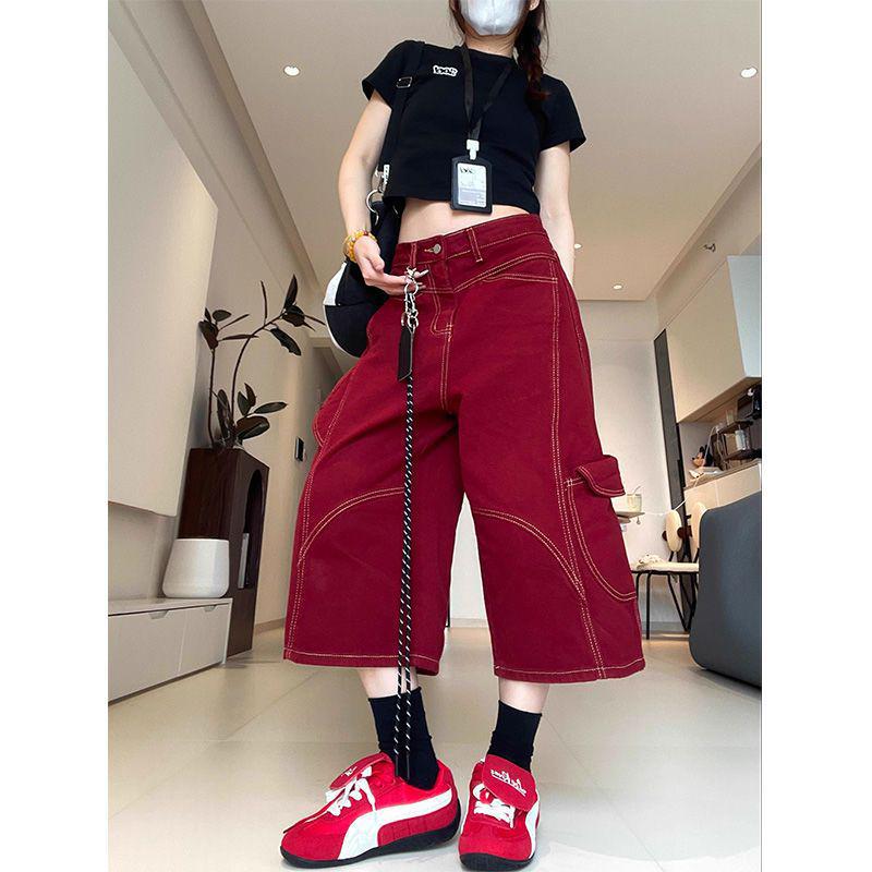 Women s Retro Red Multi-Pocket Cropped Denim Shorts Large