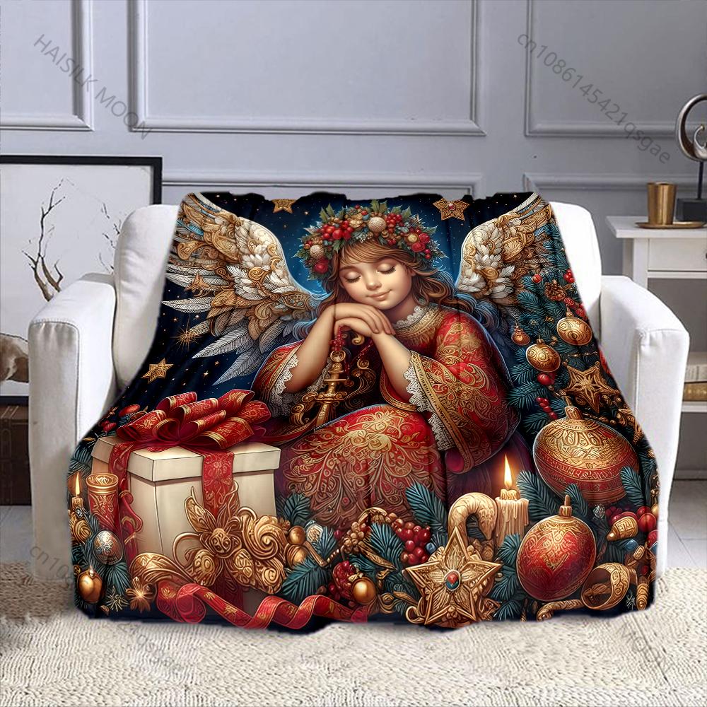 Multi-Sizes Christmas Angel Print Blanket Soft and Warm for Bed Sofa Outdoor Travel Cover Blanket Holiday Luxury Gifts