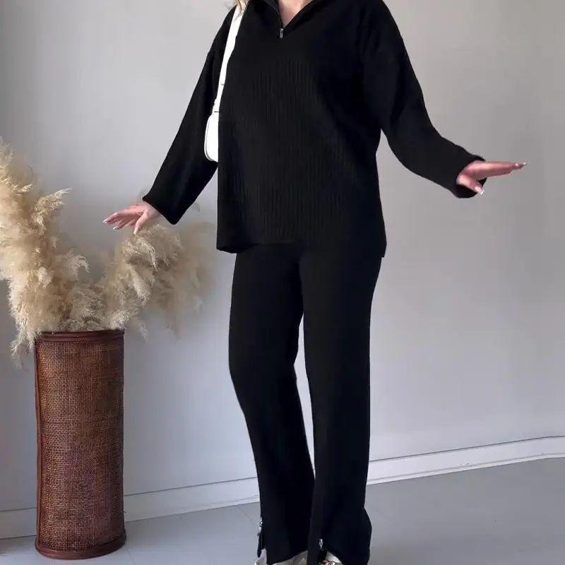 New European and American Solid Fashion Lapel Slim fit Loose Base Knit Set Women Knitted Set