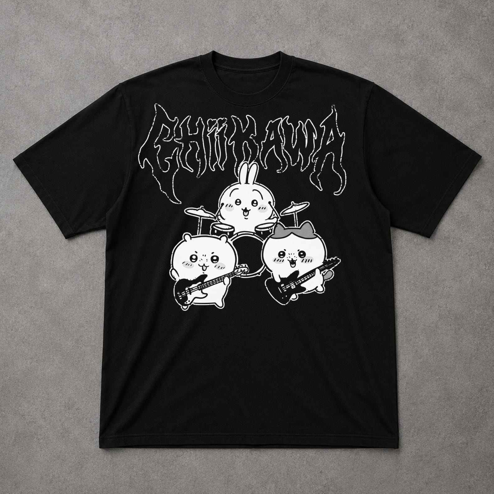 Metal Chiikawa Tee, Kawaii Heavy Metal Anime Shirt, Cute Punk Manga Graphic T Shirt, Gothic Anime Tee XL
