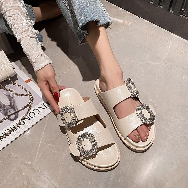 

Женская обувь универсальные тапочки носить женские стразы квадратная пряжка с открытым носком двойное кольцо на толстой подошве крутые тапочки сандалии больших размеров 43