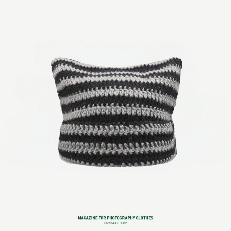 Abbey wind cat ears hat women's autumn and winter yk striped knitted hat cute warm pullover wool hat