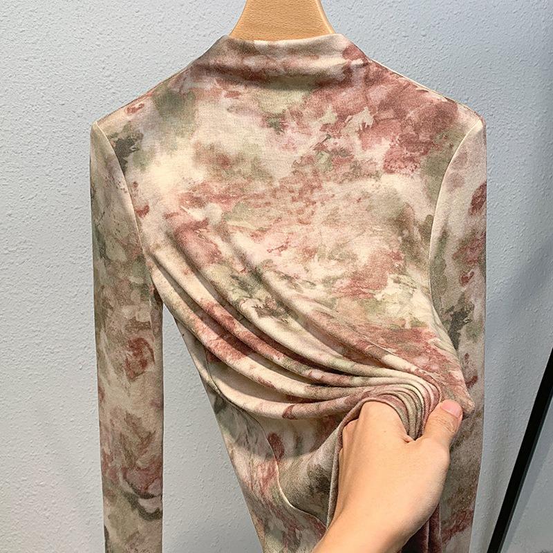 Semi-turtleneck bottoming shirt women's printed long-sleeved t-shirt with waist and inner temperament top