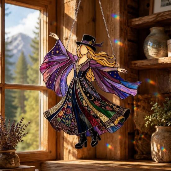 Dancing Lady Sun Catcher, Acrylic Hanging Ornament, Bohemian Gothic Woman Window Spinner, Gift for Mom Grandma Wife