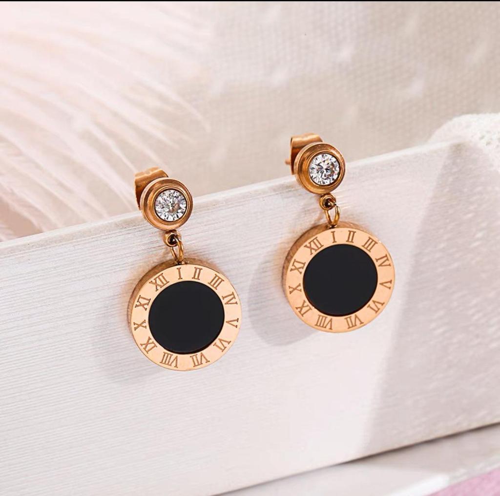 Black Rhinestone Round Stud Earrings, Rose Gold-Plated Titanium Steel, Simple Korean Style Women's Jewelry