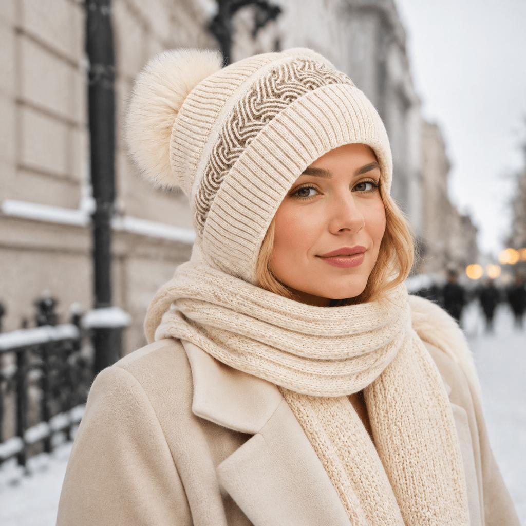 Women' Winter Hooded Hat with Scarf & Pom Pom - Ear-Covering Snood, Geometric Pattern Warm Hat Suitable for Skiing