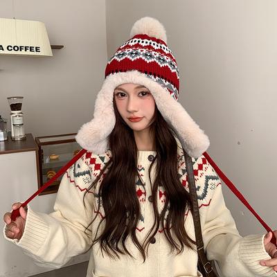 Jacquard Knitted Velvet Warm Hat for Women In Autumn and Winter Lei Feng Hat Travel Ski Hat Ear Protection Woolen Hat