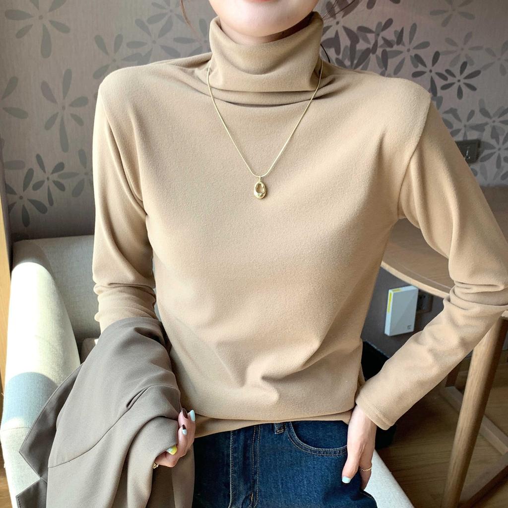 High-necked Micron Velvet Base Layer for Women in Autumn and Winter with a Thickened Double-sided Brushed Pile Collar Long-sleeved Top