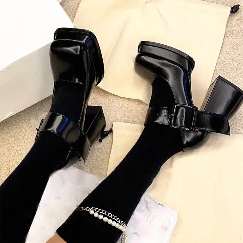 Fashion 2024 New Gothic High-heeled Shoes Women Pumps Korean Version of The Wild Thick with Square Head Retro  Women's Shoes