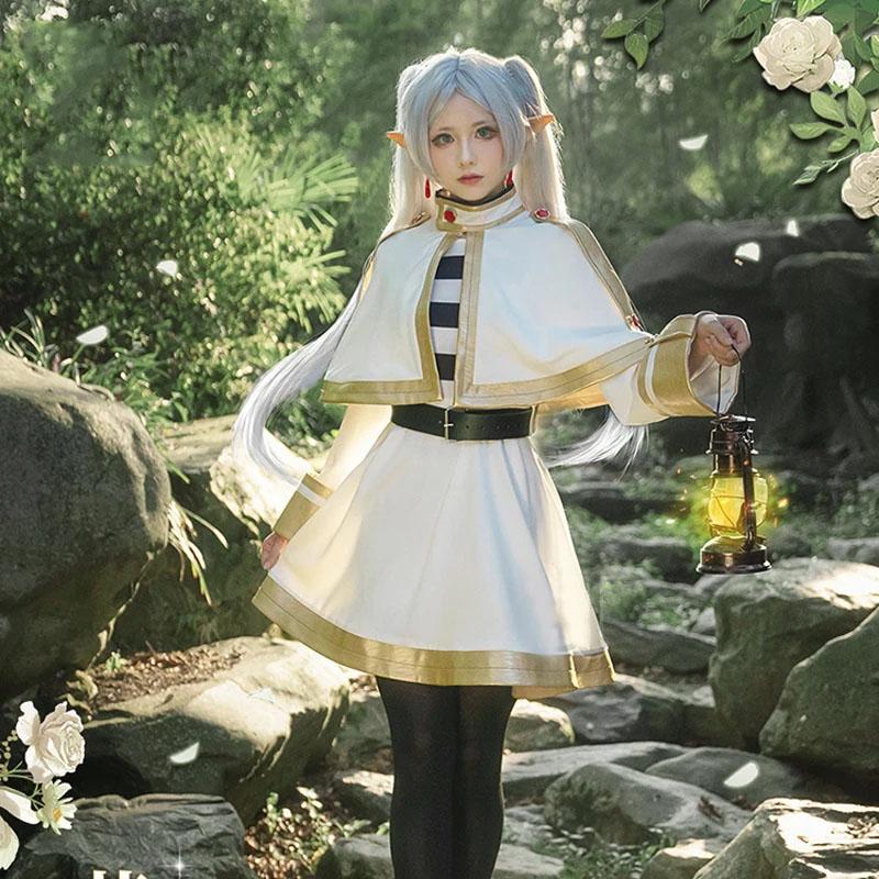 Anime Frieren alla cerimonia funebre Frieren Costume Cosplay Vestito di Carnevale Cappotto Gonna Cintura Orecchini Completi Per Donne Halloween