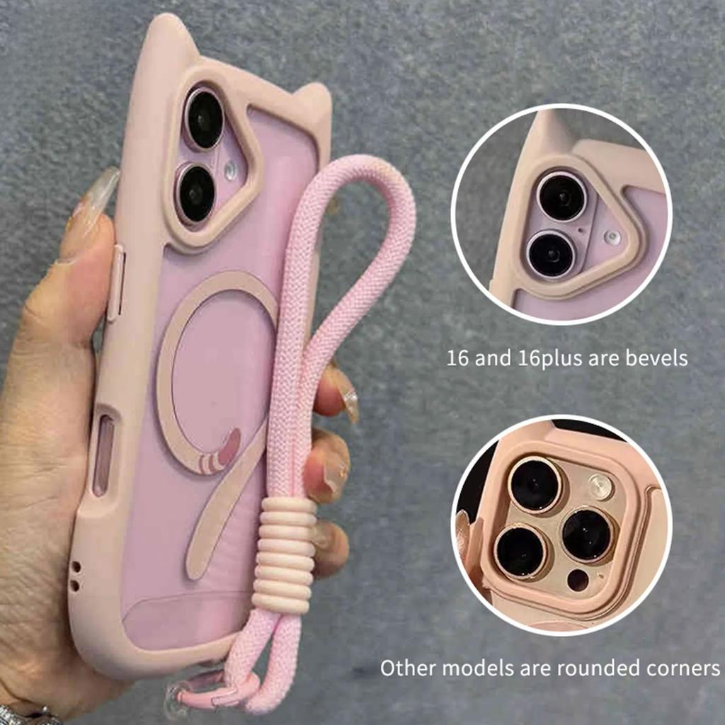 Ins 3D Cartoon Cat's Ears Tail Magnetic Ring Phone Case With Lanyard For iPhone 16 15 14 13 12 11 Pro Max + Plus Back Cover