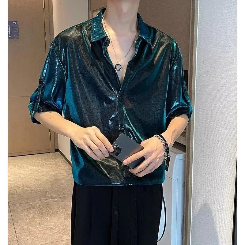 Herren Sommer Glänzendes Hemd Koreanische Version Drapierendes Hübsches Hemd