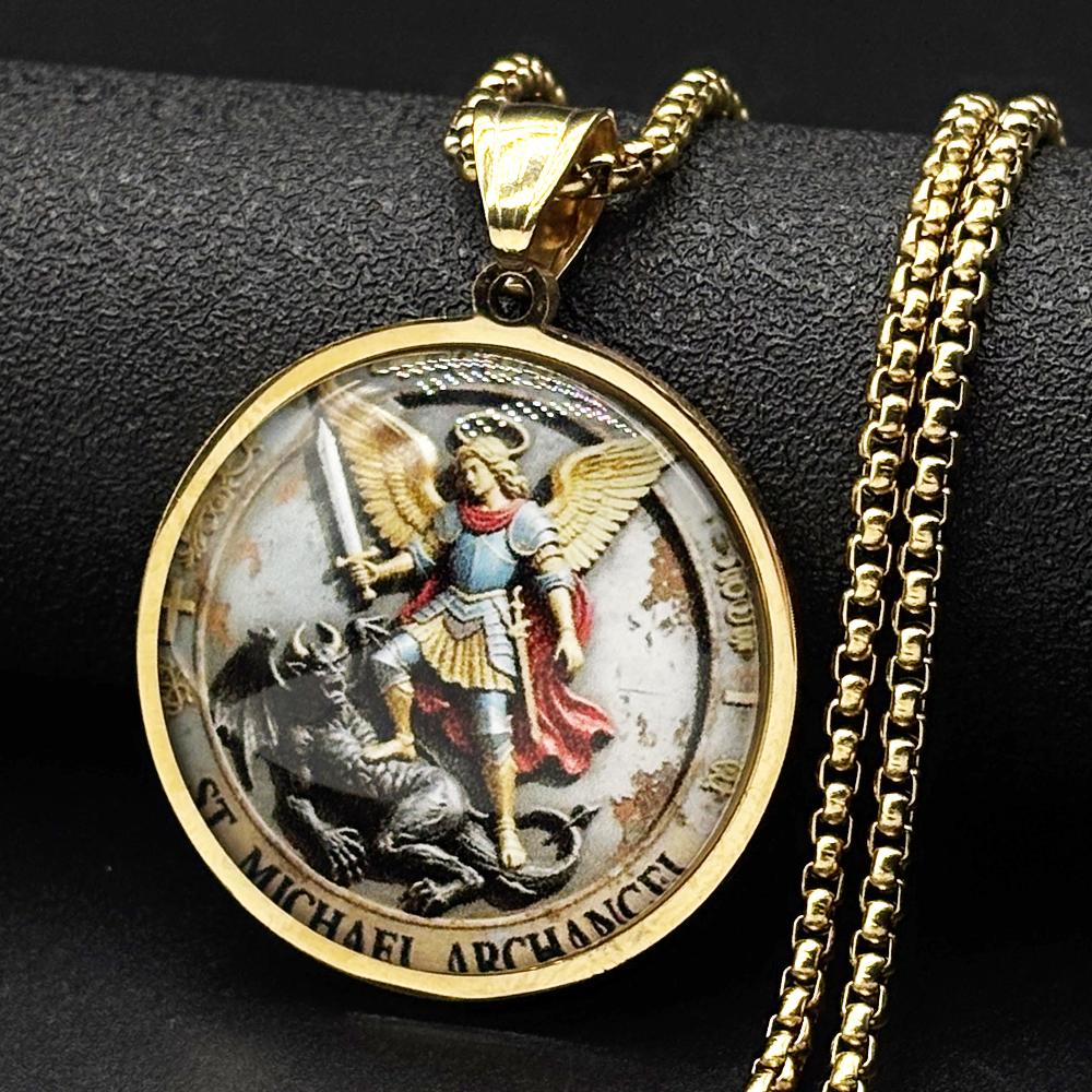 HEILIGER MICHAEL Erzengel besiegt den Teufel Glasmedaille Anhänger Halskette Edelstahl Goldbeschichtet Christliches Amulett Schmuck