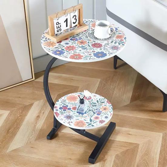C-shaped Side Table with Floral Tabletop Metal Frame Office Living Room Bedroom
