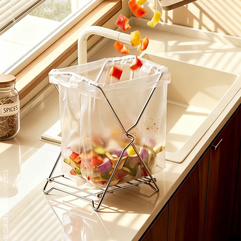 Collapsible Stainless Steel Garbage Bag Holder, Kitchen Countertop Trash Bag Support Rack, Portable Storage Organizer Stand