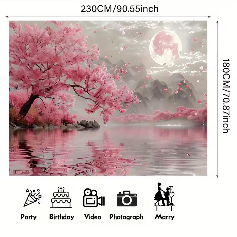 2D Monochrome Grey Tone Pink Sakura and Moon Landscape