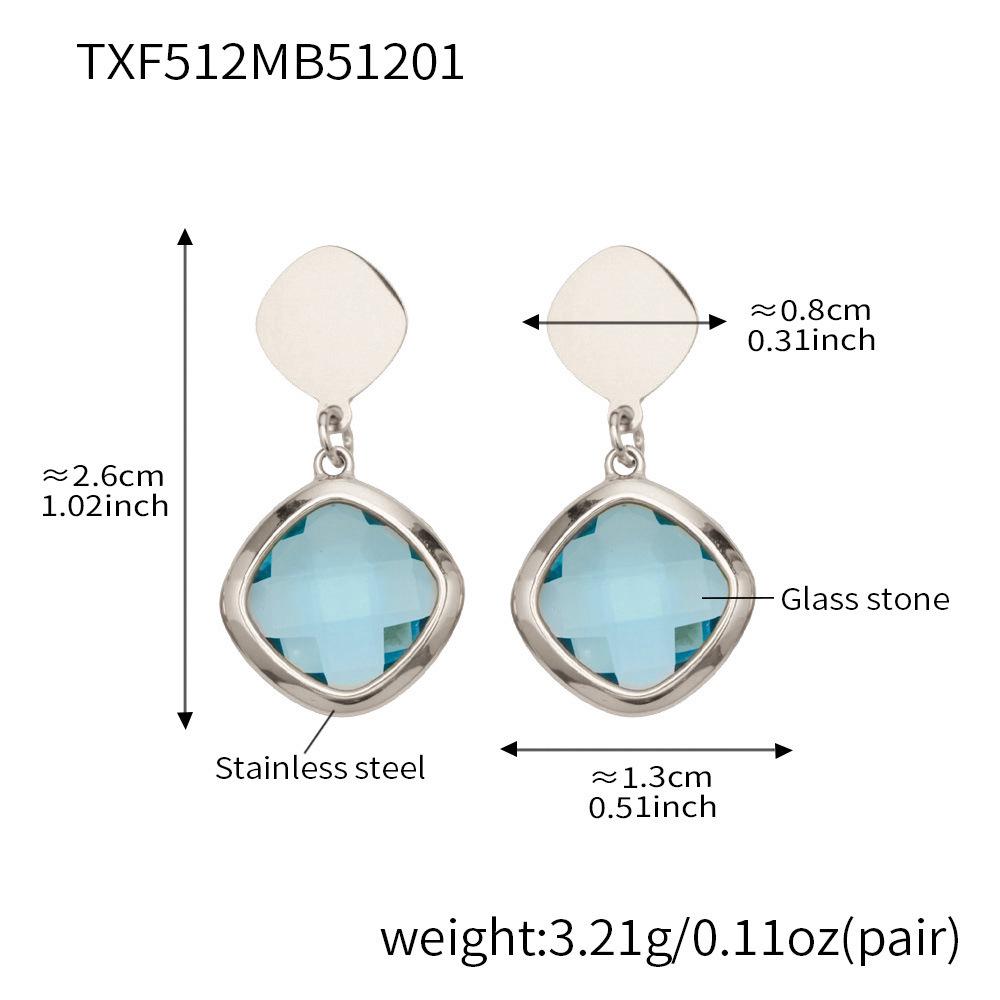 Stylish European & American Stainless Steel Jewelry Set with Square Faceted Glass Stones: Includes Bracelet, Necklace, and Earrings