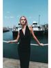 2025 Spring Sleeveless Slim Fit Midi Dress with Draped Collar and Back Tie Detail - European & American Style Women's Fashion