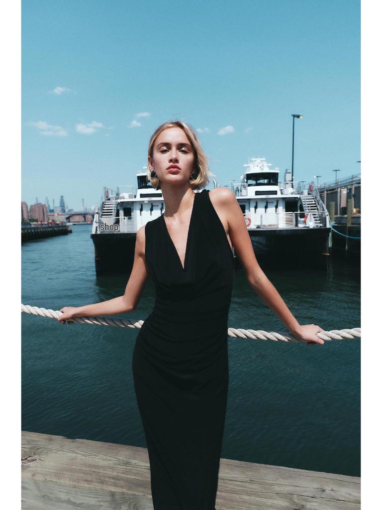 2025 Spring Sleeveless Slim Fit Midi Dress with Draped Collar and Back Tie Detail - European & American Style Women's Fashion
