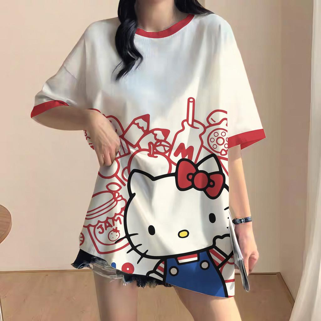 Korean style loose-fitting T-shirt, Hello Kitty soccer T-shirt, sports T-shirt, streetwear.