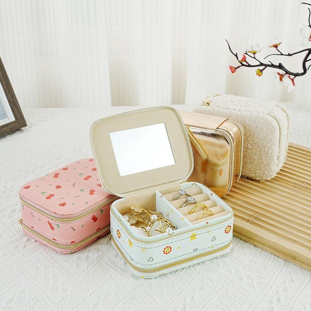 

Cherry Flower Jewelry Packing Bag Rings Necklace Jewelry Holder With Mirror Gift білий