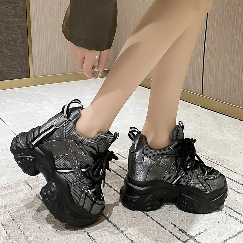 Fashion 12CM New Autumn Breathable Women Chunky Casual Shoes High Heels Winter Wedges Mesh Sneakers Thick Soles Trainers Platform Shoes