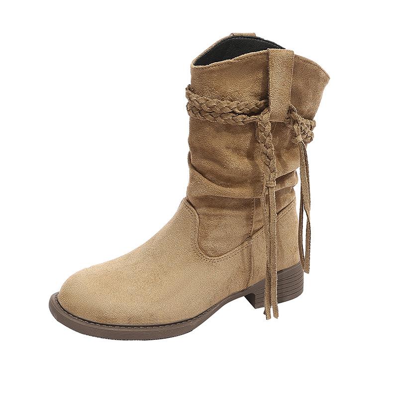 2025 Herbst Retro Ödland Fransen Ritterstiefel Dicke Ferse aber knielange Stiefel Schmaler Schaft Mittelhohe Stiefel