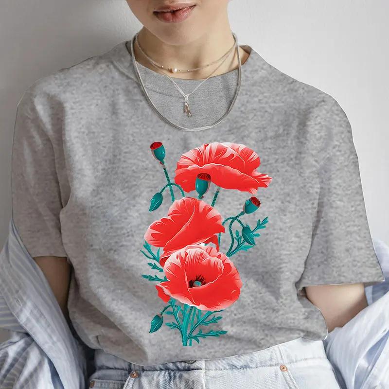 Fashion Red Poppy Flower Unisex T Shirt Funny Tops Tee Female Short Sleeve Tshirt Harajuku Tee Shirts Female Tee Girls Tshirts