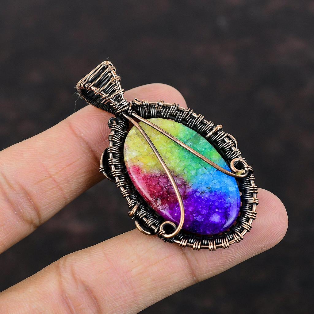 Rainbow Solar Quartz Druzy Pendant Copper Wire Wrapped Pendant Gemstone Copper Jewelry Stylish Pendant Gift For Anniversary Handmade Jewelry