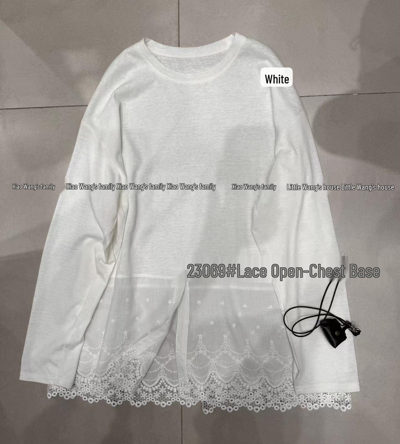 

Xiao Wang s 23069 Весенняя корейская свободная футболка большого размера с многослойной кружевной отделкой и длинными рукавами One Size белый