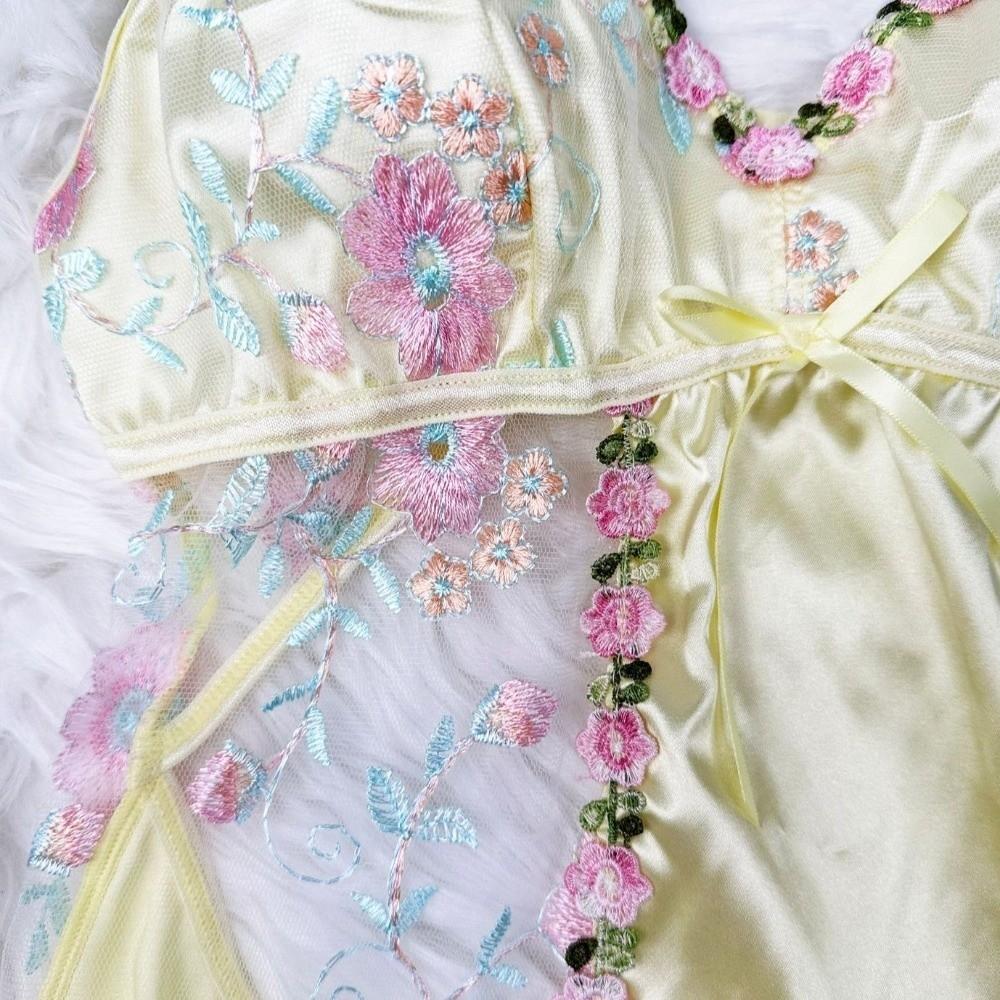 Embroidered Women's Pajama Dress Thin Lace Bow Slim Sling Nightgown  Party Club