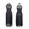 Sexy Camisón Negro de Encaje Halter Espalda Descubierta Abertura Alta Corte Ajustado Agradable a la Piel Vestido Largo 786 Ropa de Dormir Audaz Sofisticada con una Dramática Abertura Alta