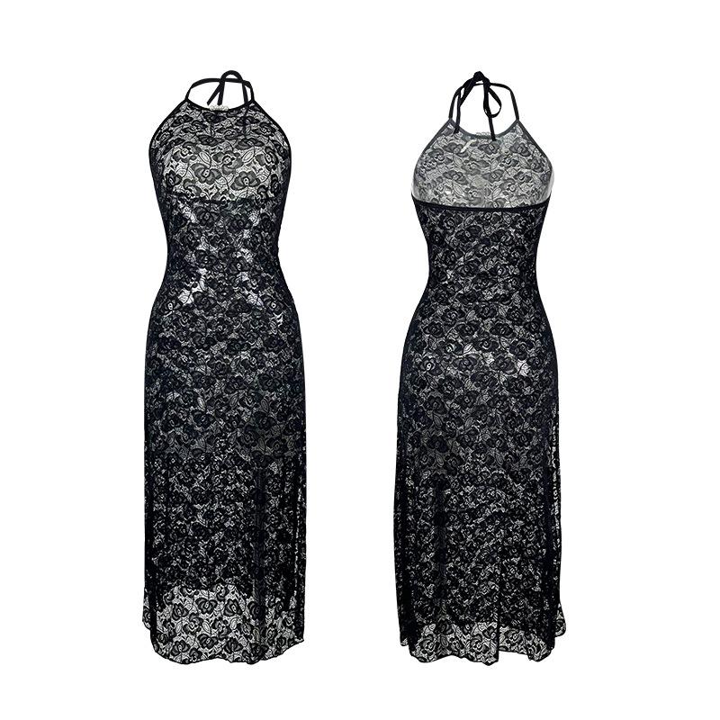 Sexy Camisón Negro de Encaje Halter Espalda Descubierta Abertura Alta Corte Ajustado Agradable a la Piel Vestido Largo 786 Ropa de Dormir Audaz Sofisticada con una Dramática Abertura Alta