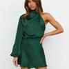 Abito da Sera Sexy da Donna da Club in Raso Manica Lunga Monospalla Elegante Abito da Festa Donna Tinta Unita Vita Alta Aderente Abiti Corti 30635