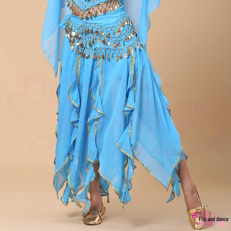 

Взрослая шифоновая юбка для танца живота с золотой отделкой - индийский танцевальный костюм, восьмиклинная волнистая юбка One Size (Suitable for 90-140 lbs)