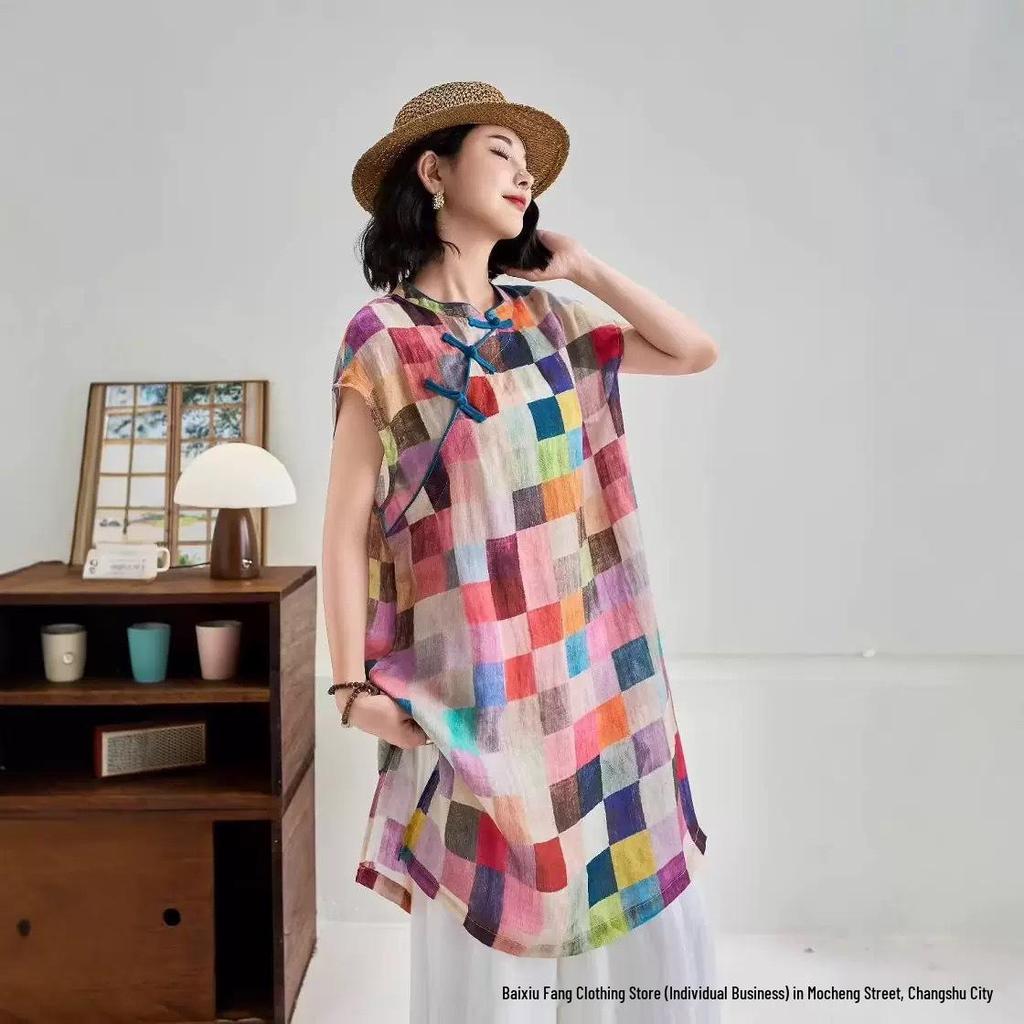 2026 Spring/Summer Women's Elegant Stand Collar Asymmetrical Lapel Shirt with Chinese Tang Dynasty Print