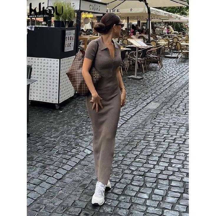 Elegant Office Lady Maxi Dress Women Solid Fashion Turn-down Collar Short Sleeve Button Side Slit Body-Shaping Street Robe