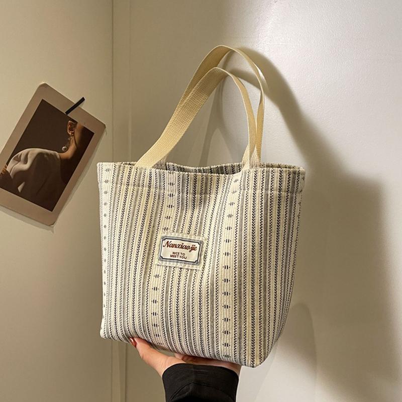 Ins Canvas Bag Women'S  Korean Style Casual Striped Handbag Large Capacity Class Commuting Shoulder Bag