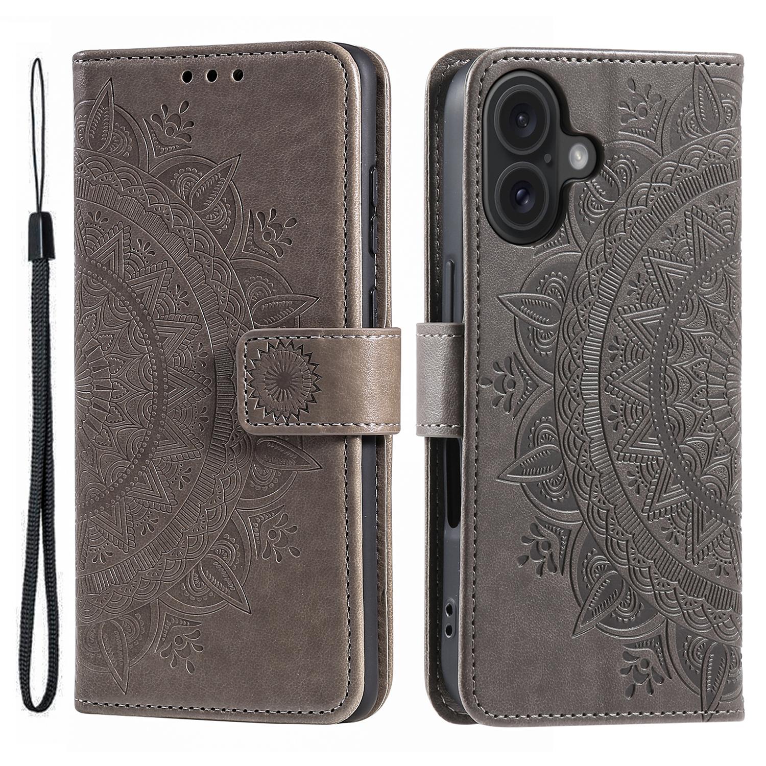 

For iPhone 16 Stand Case PU Leather Wallet Phone Cover Totem Imprinted E