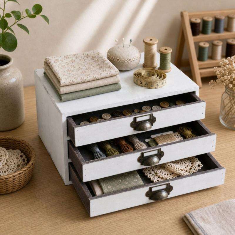 Three Compartment Wooden Desk Storage Cabinet, Tabletop Box with Metal Pulls for Mail, Jewelry, Office and Dresser Area